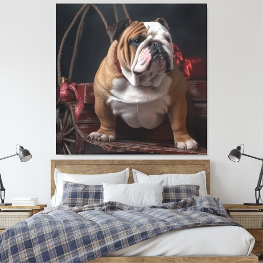 Bulldog Snowy Sleigh Kerst Decor Canvas Afdruk (Insitu (Slaapkamer))