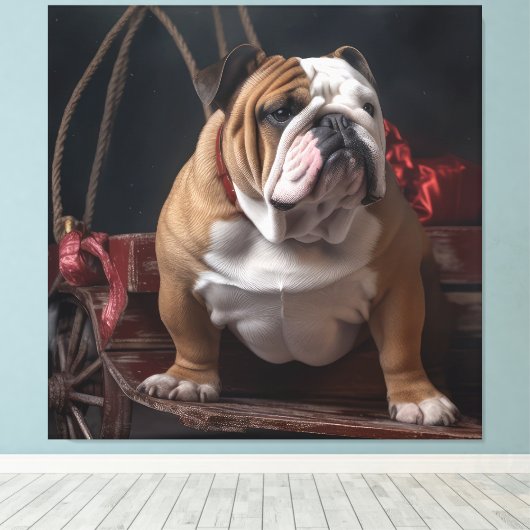Bulldog Snowy Sleigh Kerst Decor Canvas Afdruk (Insitu (Houten vloer))