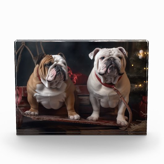 Bulldog Snowy Sleigh Kerst Decor Fotoblokken (Voorkant)