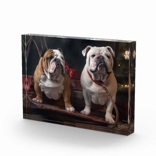 Bulldog Snowy Sleigh Kerst Decor Fotoblokken (Rechts)
