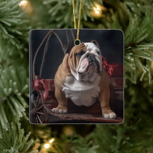 Bulldog Snowy Sleigh Kerst Decor Keramisch Ornament (Boom)