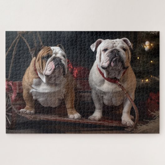 Bulldog Snowy Sleigh Kerst Decor Legpuzzel (Horizontaal)