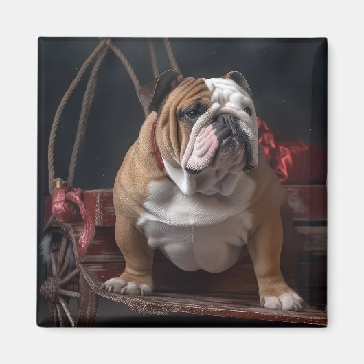 Bulldog Snowy Sleigh Kerst Decor Magneet (Voorkant)