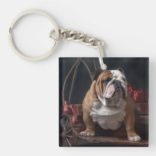 Bulldog Snowy Sleigh Kerst Decor Sleutelhanger (Voorkant)