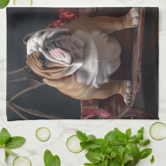 Bulldog Snowy Sleigh Kerst Decor Theedoek (Gevouwen)