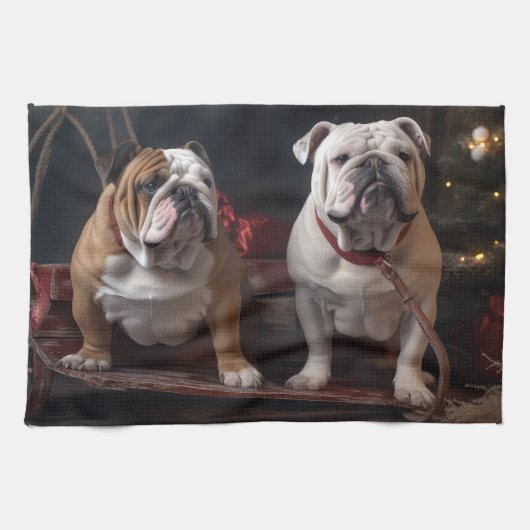 Bulldog Snowy Sleigh Kerst Decor Theedoek (Horizontaal)