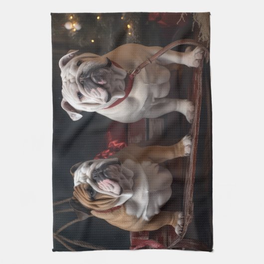 Bulldog Snowy Sleigh Kerst Decor Theedoek (Verticaal)