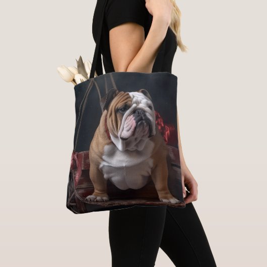 Bulldog Snowy Sleigh Kerst Decor Tote Bag (Dichtbij)