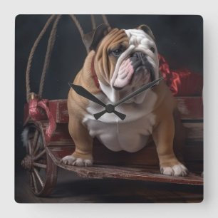 Bulldog Snowy Sleigh Kerst Decor Vierkante Klok