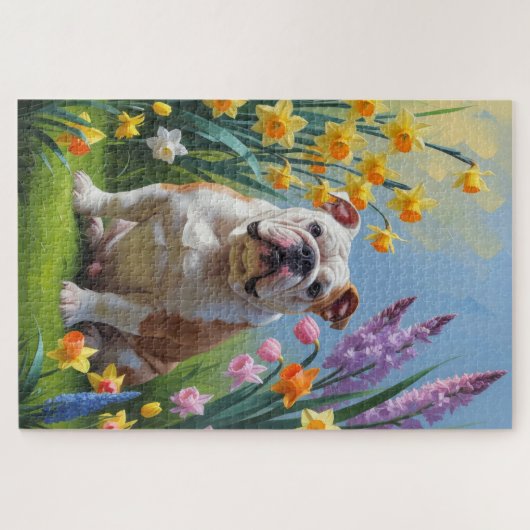Bulldog Spring Bloemen Schilderen Legpuzzel (Horizontaal)