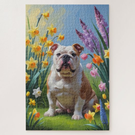 Bulldog Spring Bloemen Schilderen Legpuzzel (Verticaal)