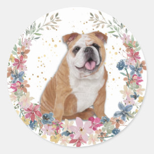 Bulldog Spring Flowers Wreath Ronde Sticker