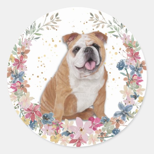 Bulldog Spring Flowers Wreath Ronde Sticker (Voorkant)