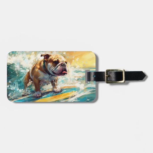 Bulldog strand surfen schilderij bagagelabel (Voorkant horizontaal)