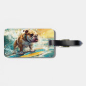 Bulldog strand surfen schilderij bagagelabel (Achterkant horizontaal)