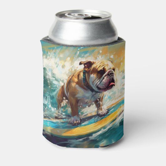Bulldog strand surfen schilderij blikjeskoeler (Blikje Achterkant)