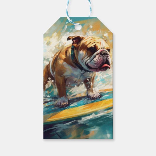 Bulldog strand surfen schilderij cadeaulabel (Voorkant)