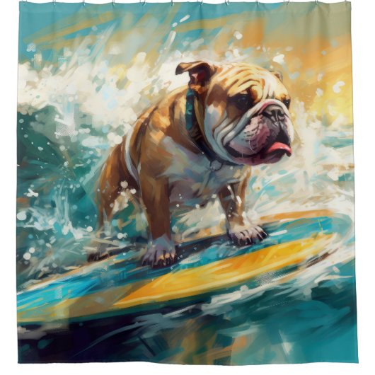 Bulldog strand surfen schilderij douchegordijn (Voorkant)