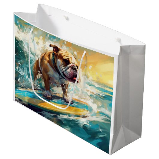 Bulldog strand surfen schilderij groot cadeauzakje (Voorkant Gekanteld)