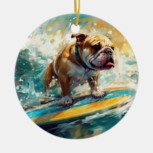 Bulldog strand surfen schilderij keramisch ornament (Voorkant)