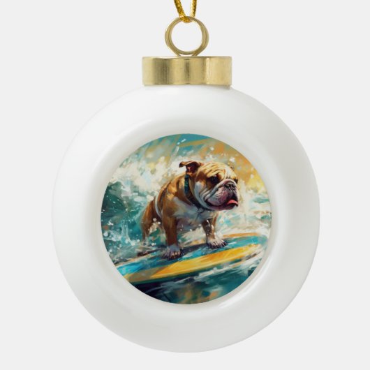 Bulldog strand surfen schilderij keramische bal ornament (Voorkant)