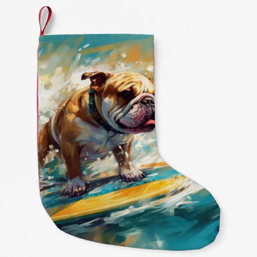Bulldog strand surfen schilderij kleine kerstsok (Voorkant)