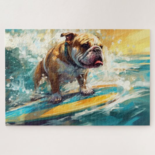 Bulldog strand surfen schilderij legpuzzel (Horizontaal)