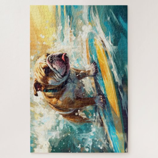 Bulldog strand surfen schilderij legpuzzel (Verticaal)