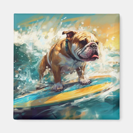 Bulldog strand surfen schilderij magneet (Voorkant)