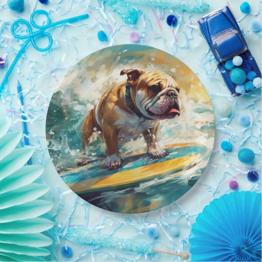 Bulldog strand surfen schilderij papieren bordje (Feest)
