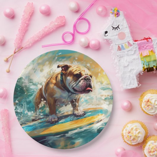 Bulldog strand surfen schilderij papieren bordje (Feest)
