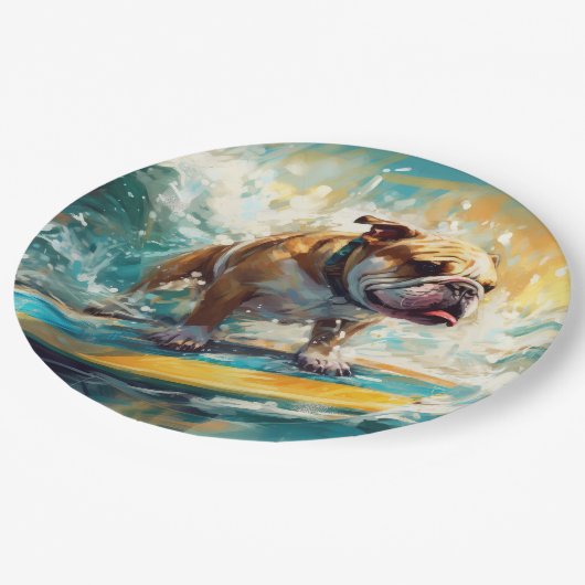Bulldog strand surfen schilderij papieren bordje (Gekanteld)