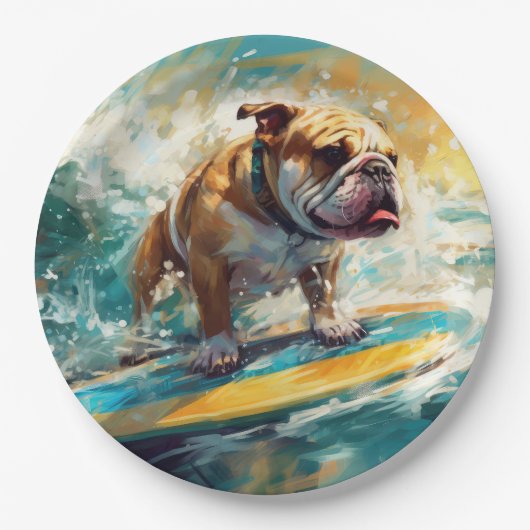 Bulldog strand surfen schilderij papieren bordje (Voorkant)