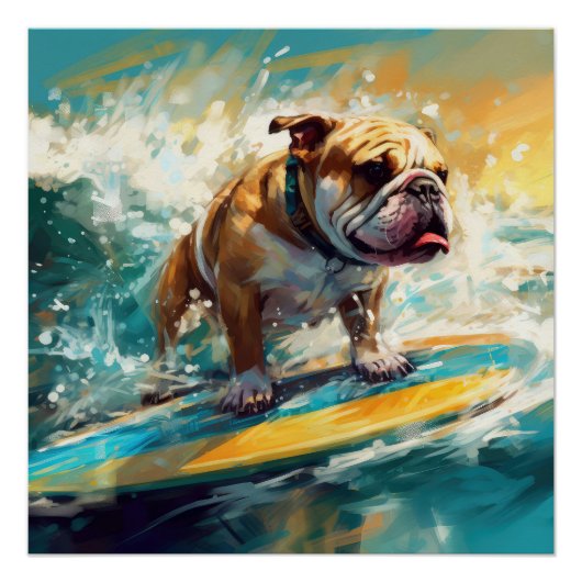 Bulldog strand surfen schilderij perfect poster (Voorkant)