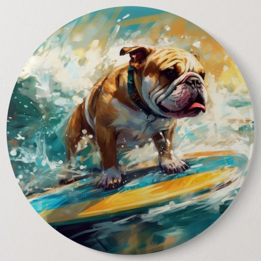Bulldog strand surfen schilderij ronde button 6,0 cm (Voorkant)