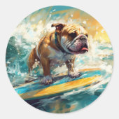Bulldog strand surfen schilderij ronde sticker (Voorkant)
