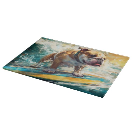 Bulldog strand surfen schilderij snijplank (Hoek)