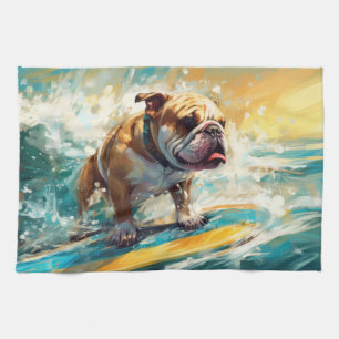 Bulldog strand surfen schilderij theedoek