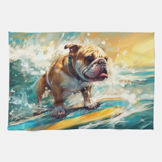 Bulldog strand surfen schilderij theedoek (Horizontaal)
