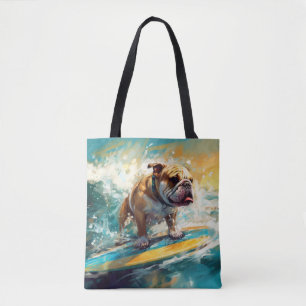 Bulldog strand surfen schilderij tote bag