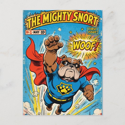 Bulldog Superhero Flying with Cape Briefkaart (Voorkant)
