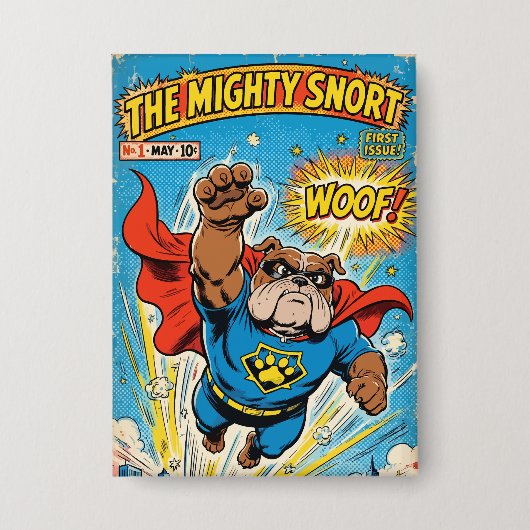 Bulldog Superhero Flying with Cape Button (Voorkant)