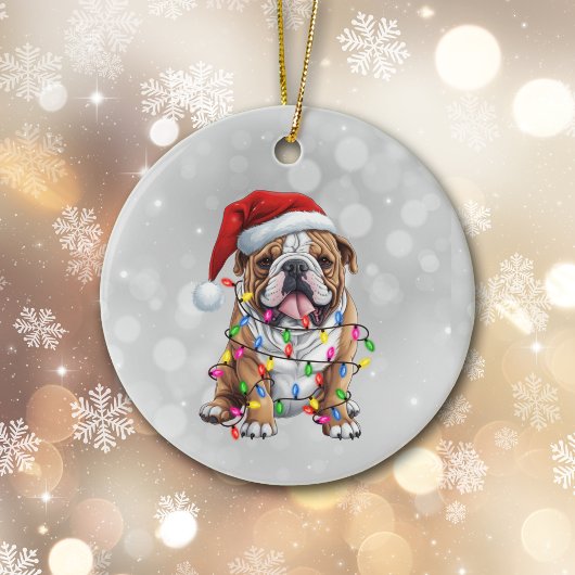 Bulldog verpakt in kerstverlichting keramisch ornament
