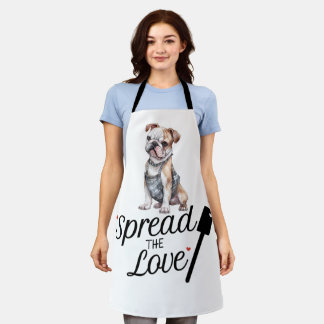 Bulldog verspreidt de liefde schort