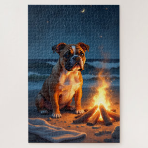 Bulldog Vuurkorf Strand Nacht Scène Legpuzzel