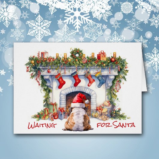 Bulldog wachten op Kerstmis open haard