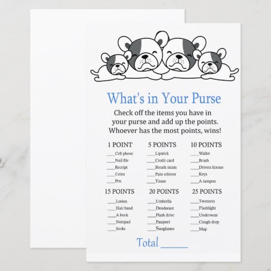 Bulldog Wat zit er in je baby shower met handtas (Voorkant / Achterkant)