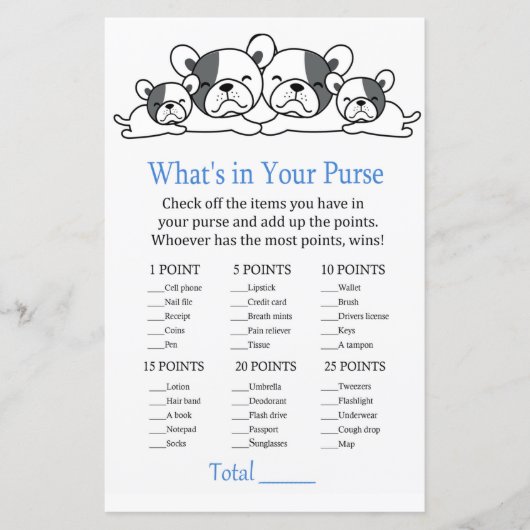 Bulldog Wat zit er in je baby shower met handtas (Voorkant)