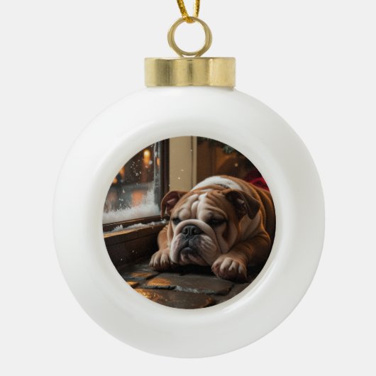 Bulldog with Christmas Lights Holiday Keramische Bal Ornament (Voorkant)