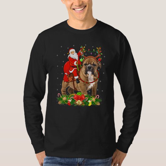 Bulldog Xmas Funny Santa Riding Bulldog Kerstmis T-shirt (Voorkant)